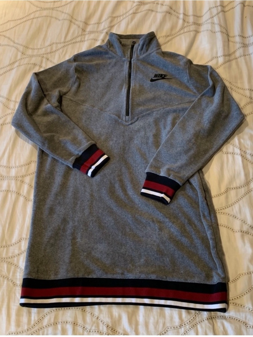 Nike Womens Gray Quarter-Zip Sweatshirt Dress with Red & Navy Trim